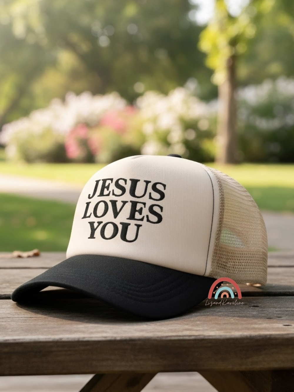 New! Jesus Loves You Mesh Trucker Hat in Black